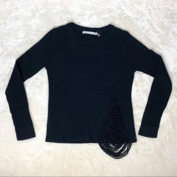 Revolve One Grey Day Robert Sweater Cropped Shredded Knit Crewneck Cotton Black - Picture 7 of 16